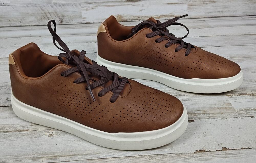 PERRY ELLIS PORTFOLIO Men's Faux Leather Casual Sneakers Brown Perforated Sz 6